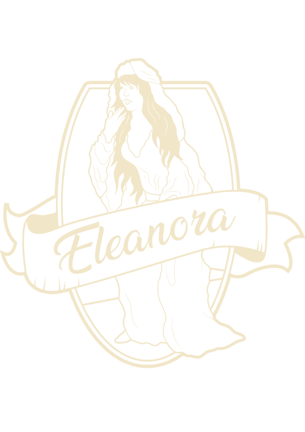 Drawing of Lady Eleanora in a long hooded gown, inside an oval frame with a ribbon bearing her name