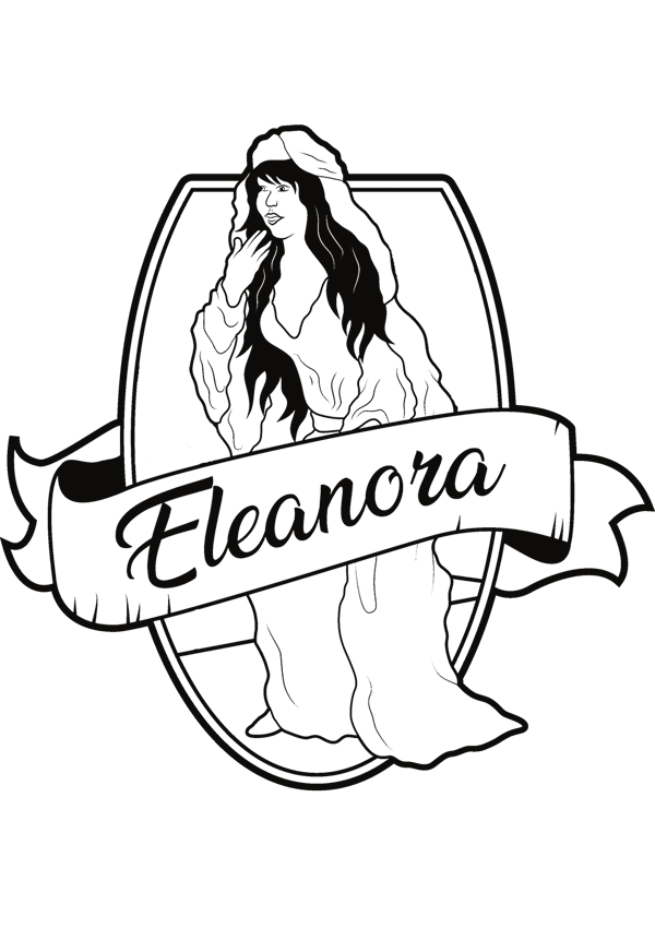 Drawing of Lady Eleanora in a long hooded gown, inside an oval frame with a ribbon bearing her name